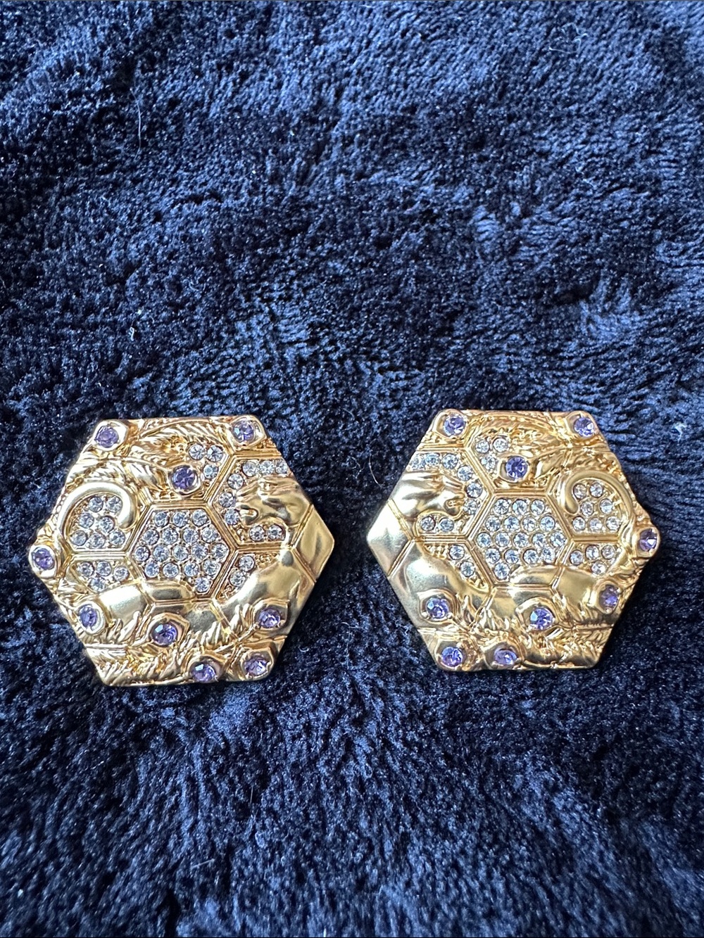 Trifari Gold Hexagon Clip Earrings with Purple and Clear Rhinestones